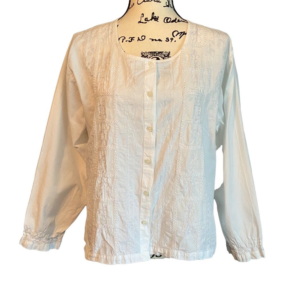 Orvis Women's White Button Up Top Size Petite XL Cotton Embroidered Boxy